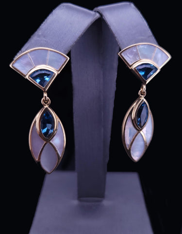 KBN Earrings in 18K Yellow Gold and London Blue Topaz & Pearl Earrings