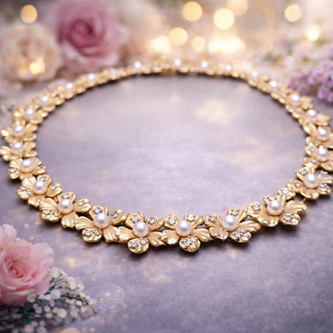 Mikimoto Boutique Heavy 18K Gold Cultured Pearl Floral Fine Diamond Necklace