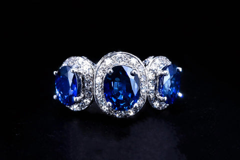 Custome Made 14K White Gold Ring With Blue Sapphire and Diamonds