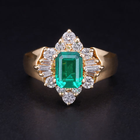 Emerald & Diamond Cluster Ring in 14K Yellow Gold