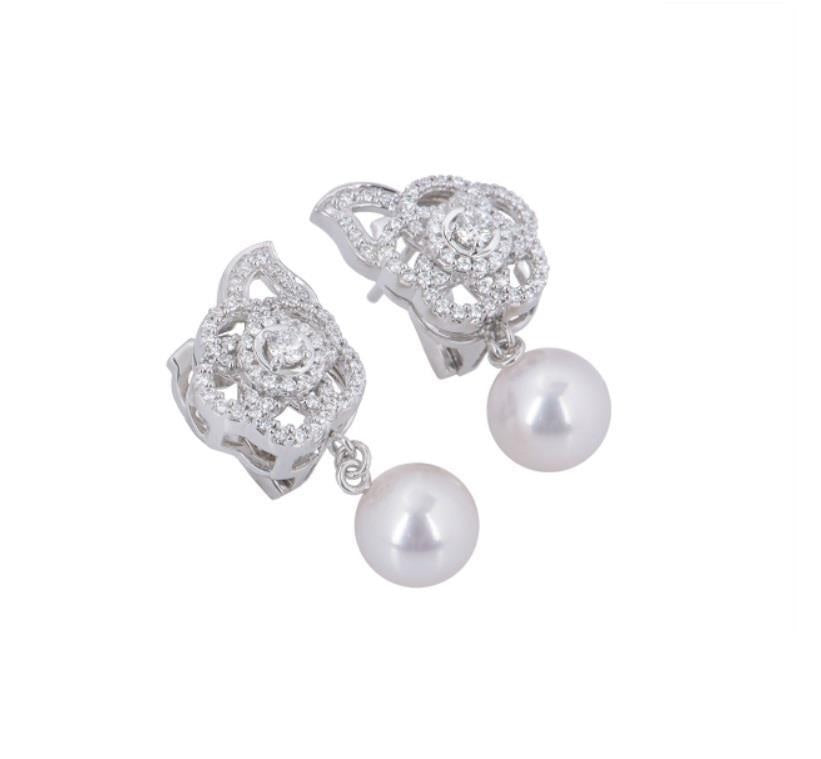 Chanel White Gold Diamond And Pearl Camelia Earrings - Crown Jewelers