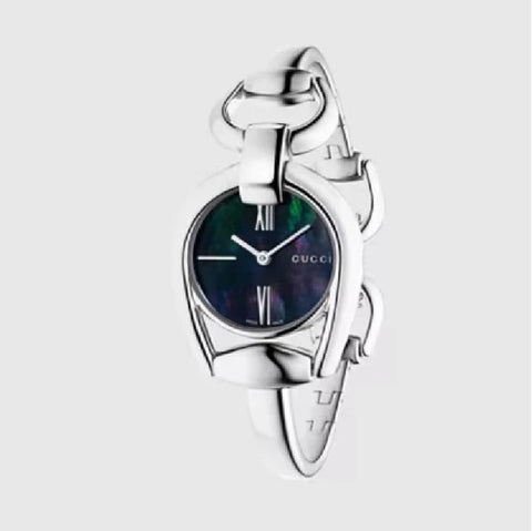 Gucci Horsebit Collection Mother of Pearl Black Dial Silver Steel Strap Watch