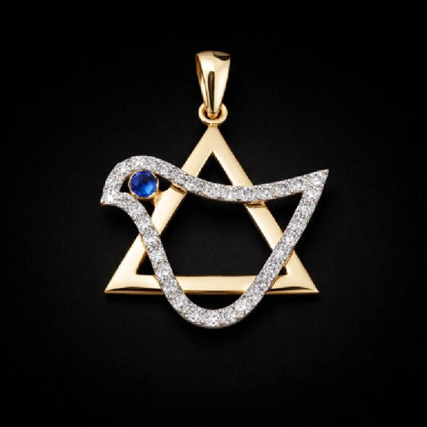 Star of David Pendant with Sapphire,Emerald,Ruby 14K Yellow Gold with Diamonds