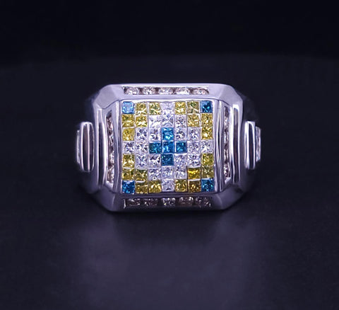 Multicolor Stone Men's Ring In 14K White Gold Size 9