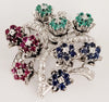 Vintage Ruby, Blue Sapphire, Emerald and Diamond Brooch in 18K White Gold