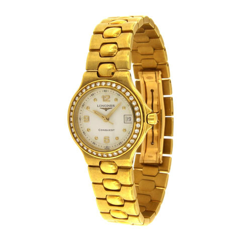 Longines Gold Ladies Conquest 18k Diamond Bezel Watch